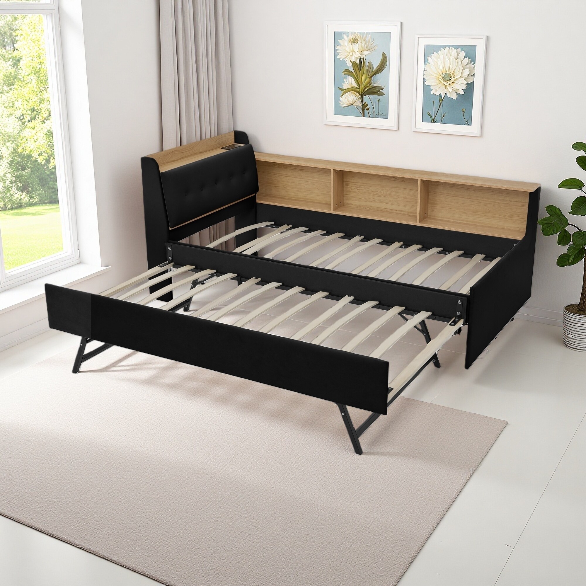 Twin Velvet Upholstered Daybed with Storage Headboard & LED Lights