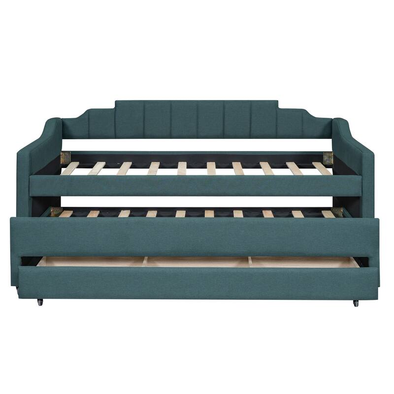 Twin Upholstered Daybed with Trundle and Storage Drawers, Stylish Linen Blend, Ideal for Small Spaces and Guest Rooms
