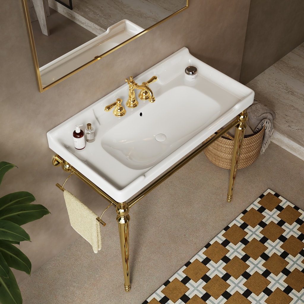 GDFStudio - Vici Modern 36" Bathroom Console Sink with Freestanding Stainless Steel Legs & Towel Bar, WITHOUT Faucet