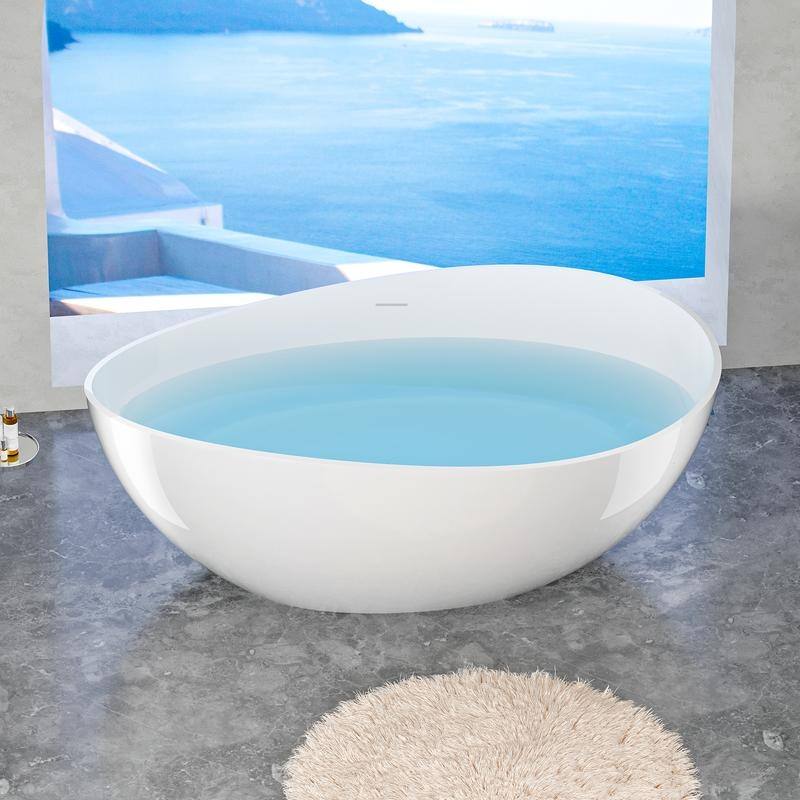 ABRUZZO 63" Freestanding Solid Surface Soaking Bathtub with Overflow & Pop-up Drain in Glossy White
