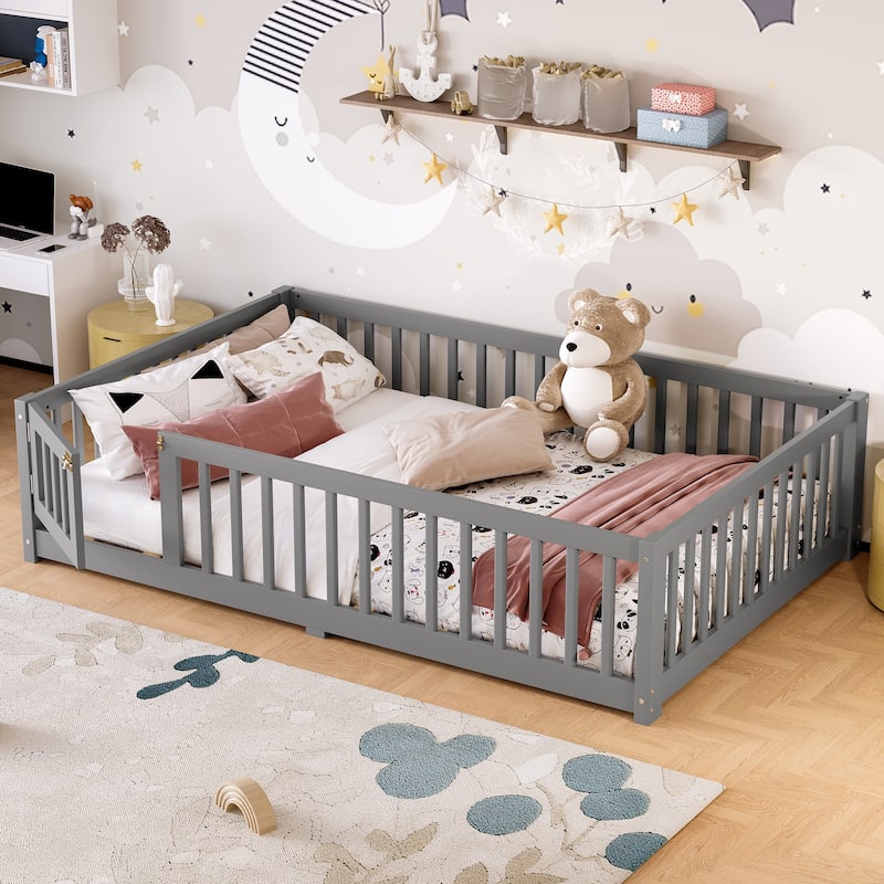 Full Size Bed Floor Bed with Safety Guardrails and Door for Kids