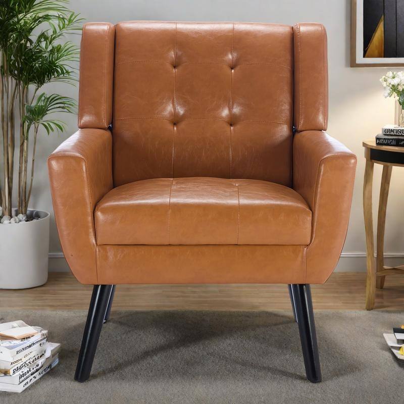 PU Ergonomic Accent Chair with Curved Back and Black Wood Legs, 250lb Capacity