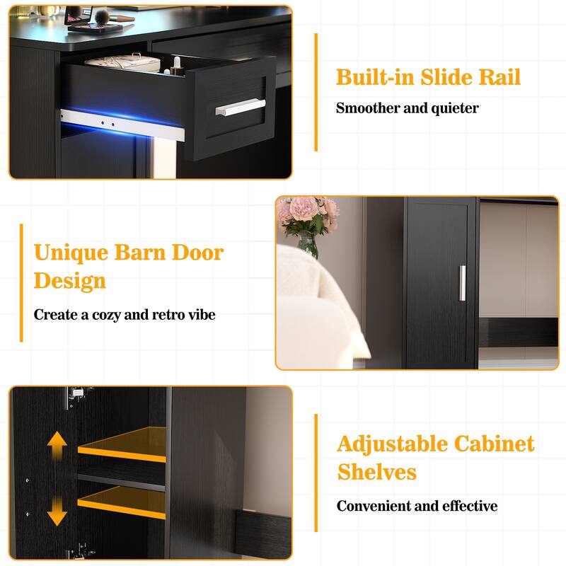 Modern Farmhouse Vanity Table with LED Mirror, Makeup Vanity Desk with Drawer, Cabinet, and Shelves