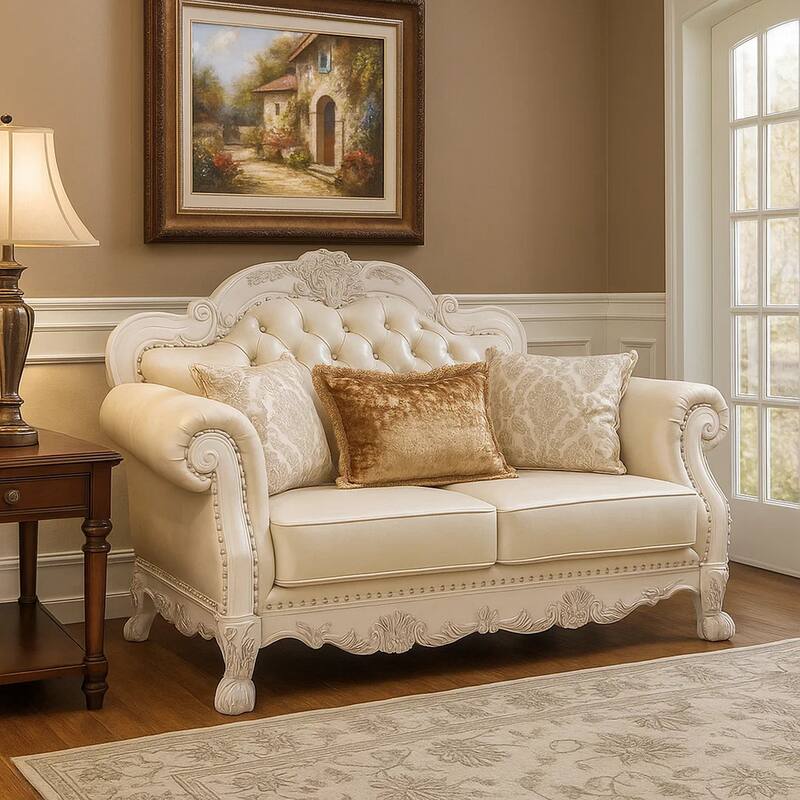 Ally Loveseat with 3 Pillows, 64 Inch Wood, Vintage White Faux Leather
