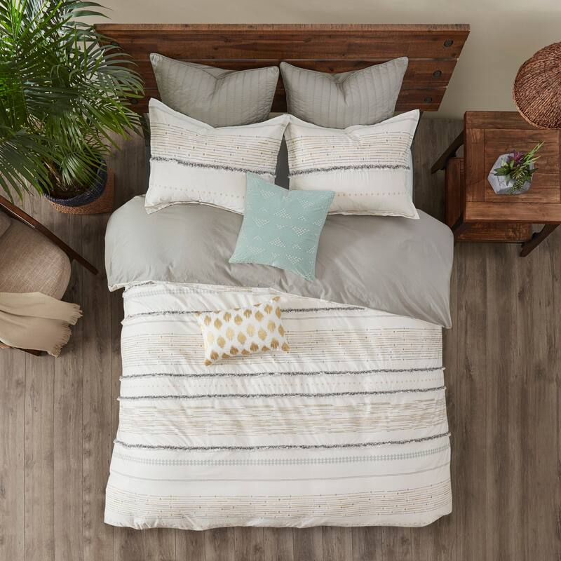 INK+IVY Nea Cotton Printed Duvet Cover Set with Trims - Off White/Gray - Full - Queen
