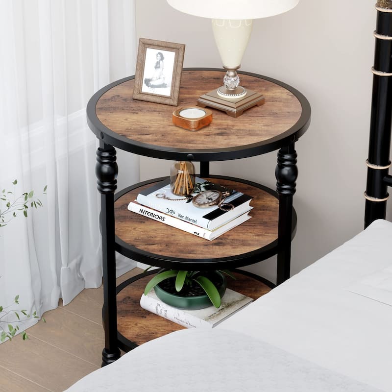 End Table 3-Tier Round Side Table Living Room Accent Table with Storage Shelf