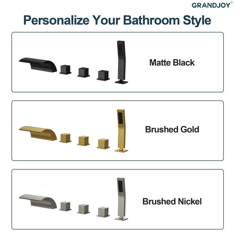 5-Hole 3-Handle Deck-Mount Waterfall Tub Faucet with Hand Shower,Waterfall Spout Bathtub Faucet