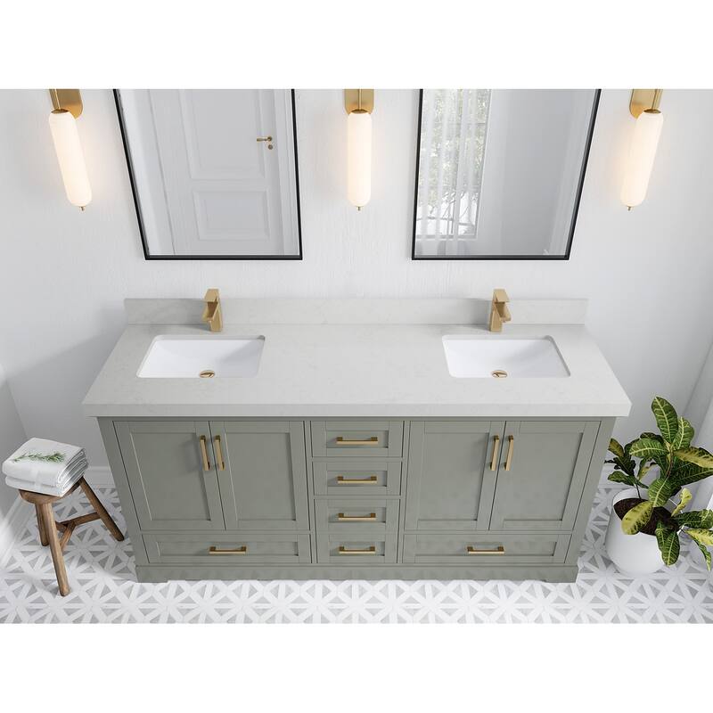 Willow Collection 72 in W x 22 in D x 36 in H Boston Double Bowl Sink Bathroom Vanity with Countertop - 2"Carrara Quartz - Evergreen