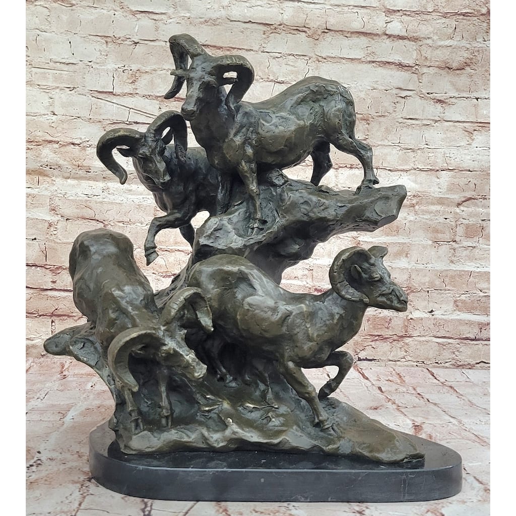 Dynamic Bronze Sculpture Of Rams On Rocky Outcrop – Wildlife Scene On Marble Base