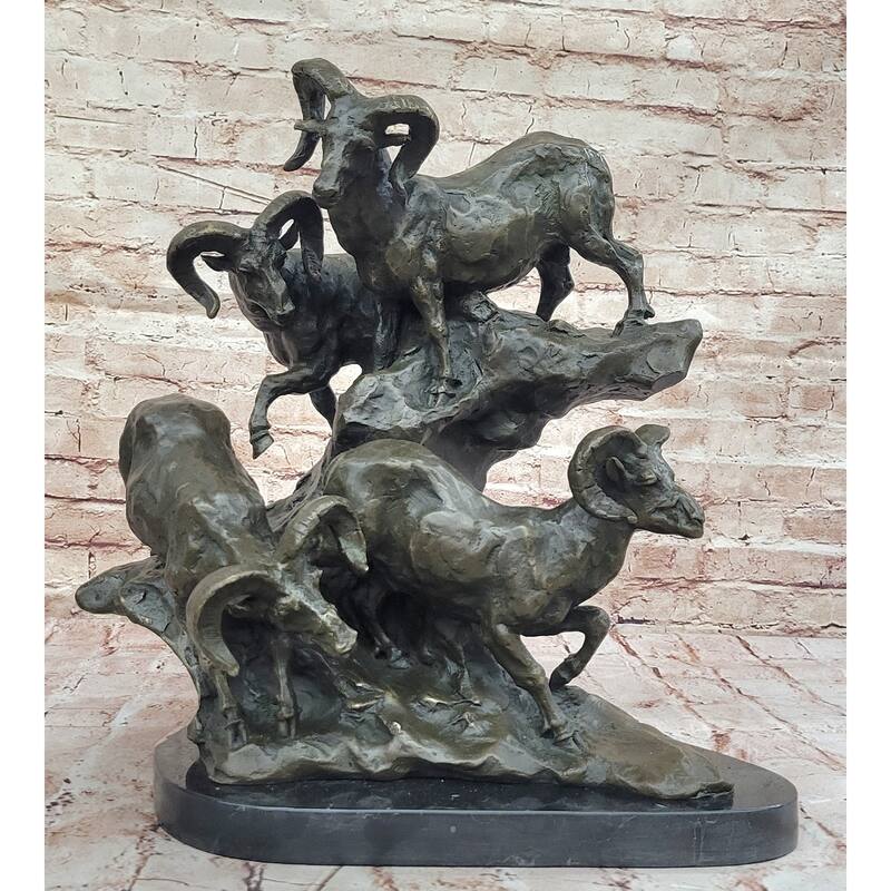 Dynamic Bronze Sculpture Of Rams On Rocky Outcrop – Wildlife Scene On Marble Base