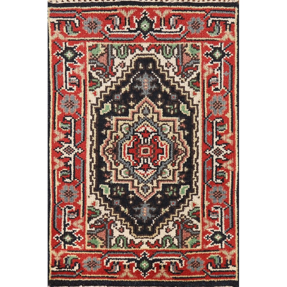 Hand Knotted Oriental 100% Wool Carpet Traditional Medallion Navy Blue & Blues Heriz (serapi) Area Rug - 3' 0'' X 2' 0''