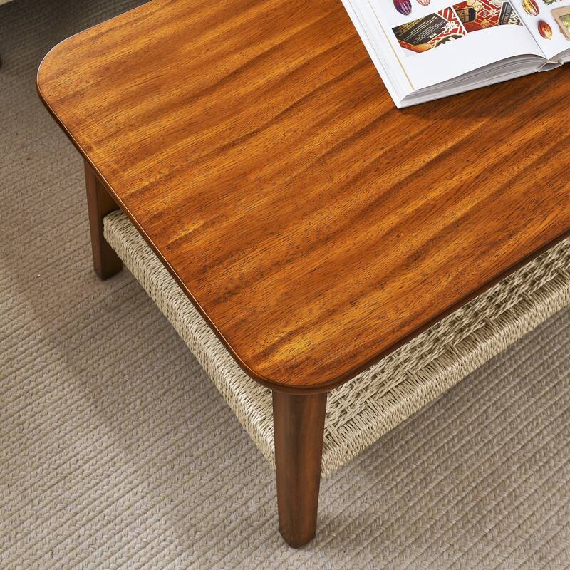 Mid-Century Coffee Table with Woven Shelf