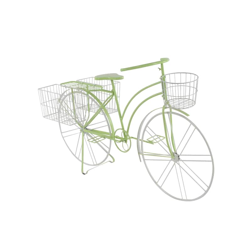 Metal Bike Indoor Outdoor Plantstand with Basket and Saddle Bag Planters - Green - Roche River Decor - 22"W x 63"L x 35"H