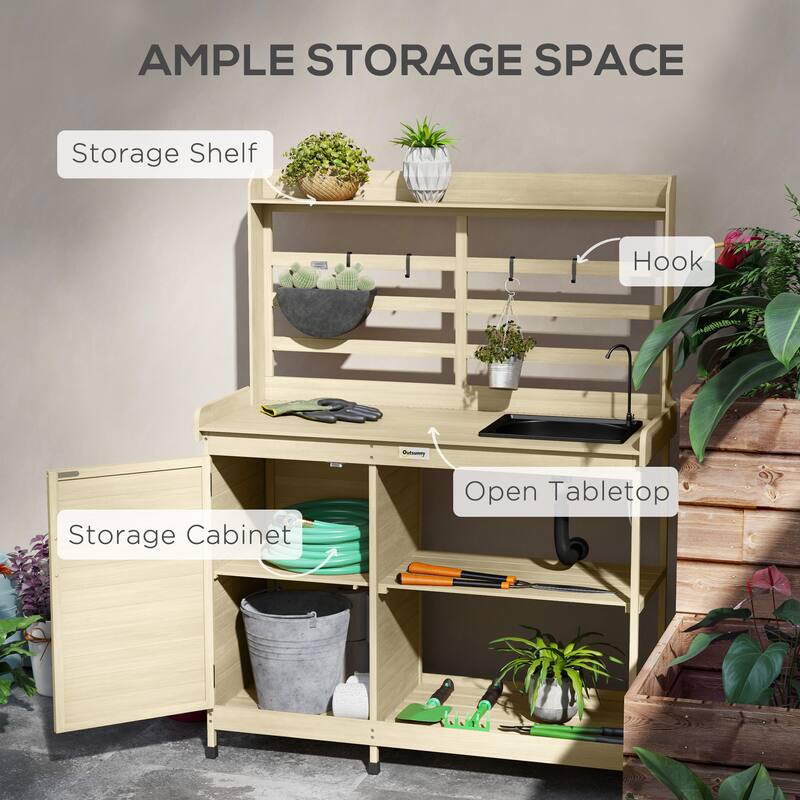 Outsunny Wooden Potting Bench, Outdoor Potting Table with Storage Cabinet, Storage Shelves, Sink
