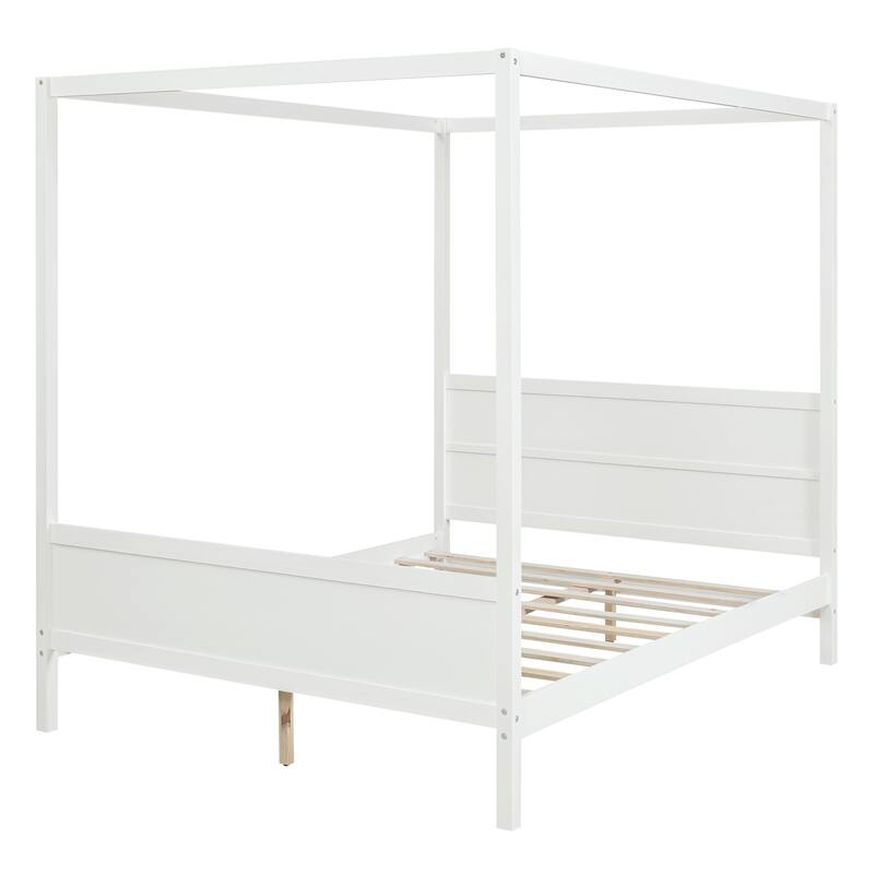 HomeRoots White Inlaid Panels Wood Queen Canopy Bed