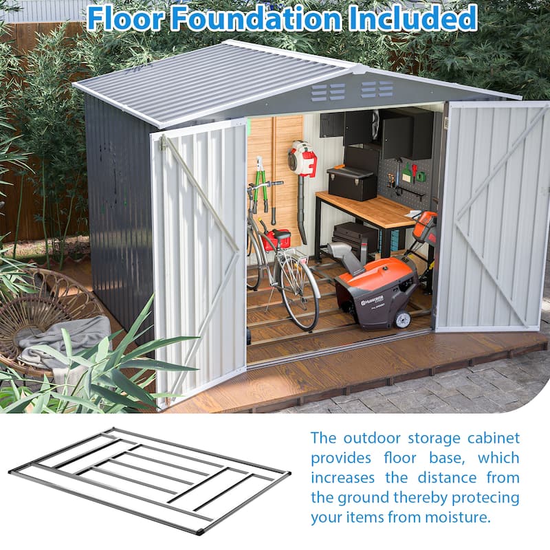 8x6 FT Waterproof Outdoor Shed with Metal Floor & Lock, Gray Tool Storage
