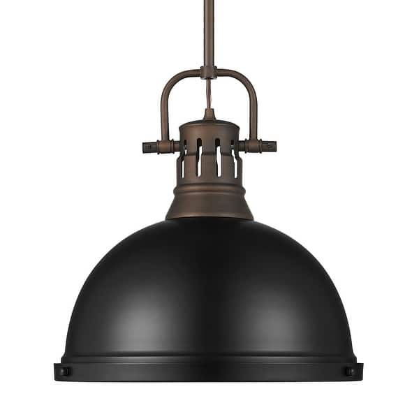 slide 2 of 2, Yep by Golden Lighting Duncan 1-light 14in Rod Hung Pendant in Rubbed Bronze and Matte Black shade