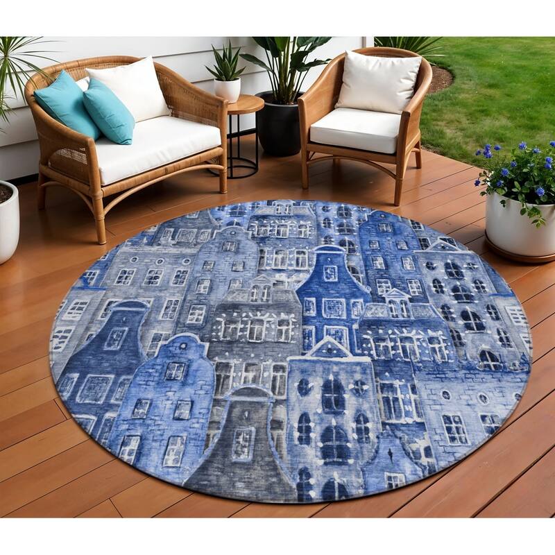 HomeRoots Village Houses Transitional Rectangle Outdoor Rug - 8' Round