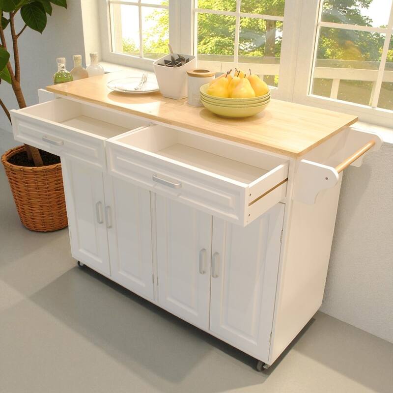 54" Mobile Kitchen Island Cart with Rubber Wood Top, 2 Drawers, Adjustable Shelves, Towel & Spice Racks on Wheels