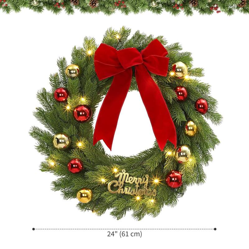 24 Inch Pre-Lit Front Door Wreath with Red Bow & Balls - N/A