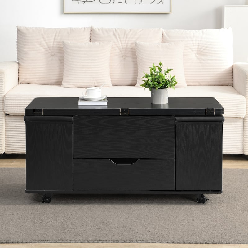Lift-Top Coffee Table with Hidden Storage & 4 Stools - Multi-Functional Modern Center Table with Casters