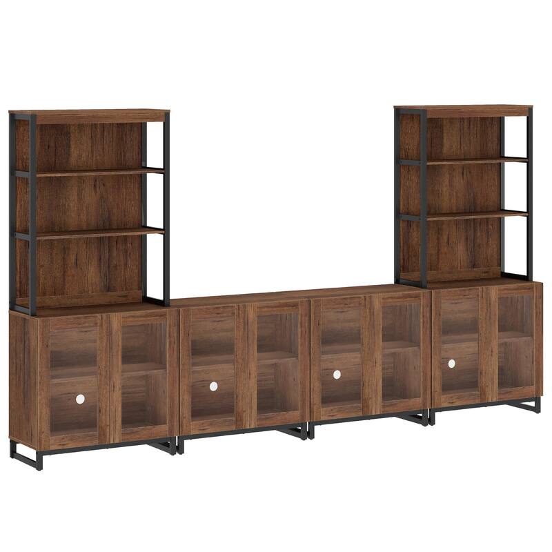 Modern TV Stand with 3 Tiers Bookshelf,Wooden Media TV Console with Glass Doors for Living Room