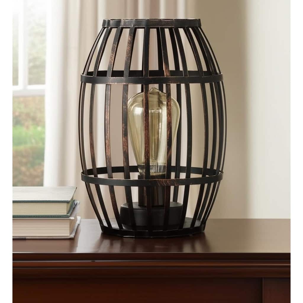 HomeRoots 8" Black Battery Operated Novelty Bedside Lamp With Cage Shade - 6.00 in. x 8.00 in. x 6.00 in.