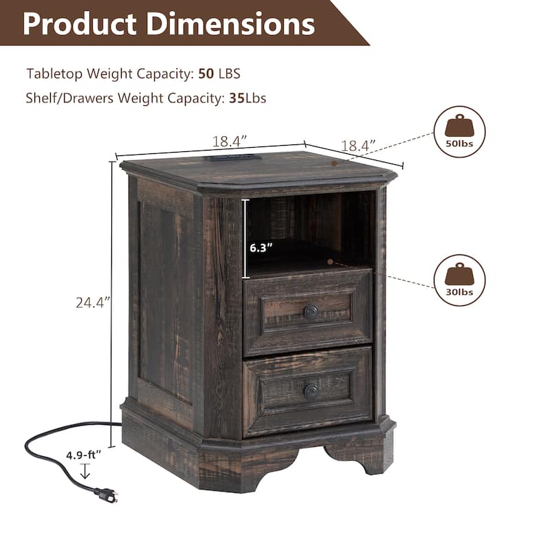 Farmhouse Nightstand Set of 2 with Charging Station, Beside Table