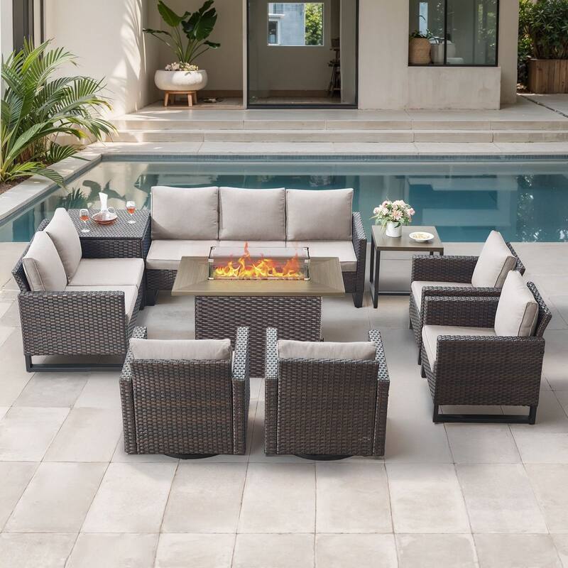 Gymojoy 9 Piece All-Weather Wicker Outdoor Patio Family Conversation Set Group With Fire Pit Table - Brown Wicker / Beige Cusion - 9-Piece