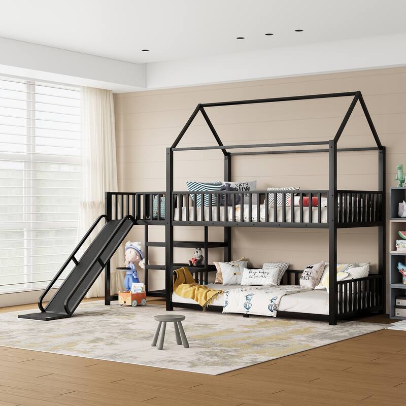 House Themed Bunk Bed with Storage Stairs, Slide and Safety Guardrails