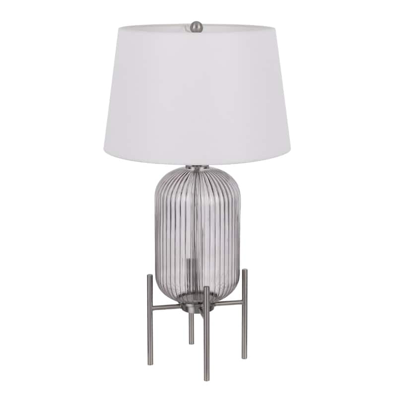33" Contemporary Nickel Glass Round Table Lamp with White Linen Shade and 3-Way Switch for Living Room - 32.5”H x 17”W x 17”D