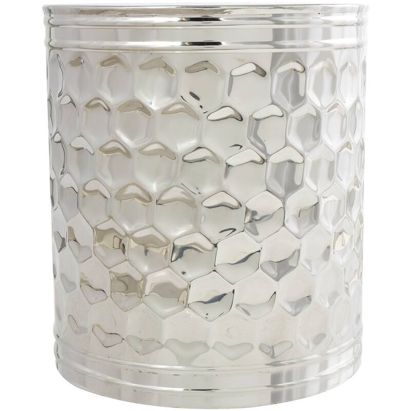 Silver Stainless Steel Metal Drum Geometric Accent Table with Hexagon Patterned Exterior