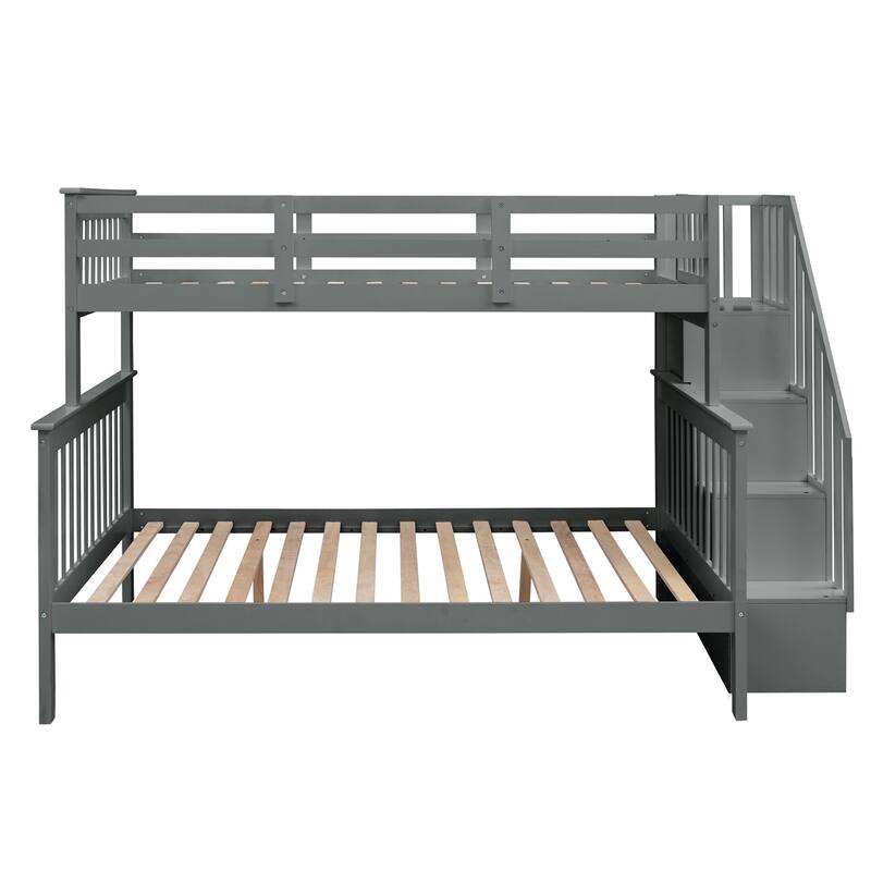 Twin-Over-Full Bunk Bed with Storage Stairs, Guard Rail & Trundle, Gray Finish, No Box Spring Needed