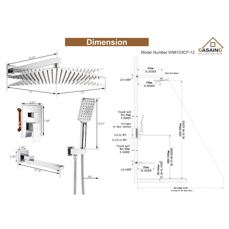1-Handle 3-Spray Pattern 12 in. Wall Mount Shower Set Shower Head, Tub and Shower Faucet - 12 inch