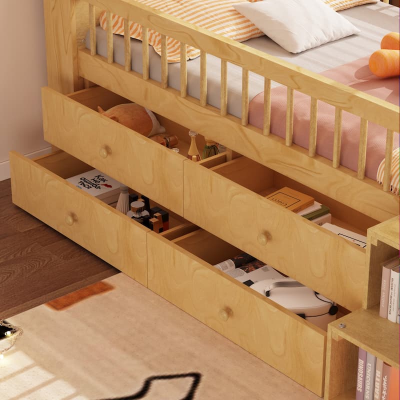 Wooden Low Loft Bed Frame, Twin Size Loft Bed, House Shaped Headboard with LED, Kids Twin Loftbed Frame with 4 Storage Drawers