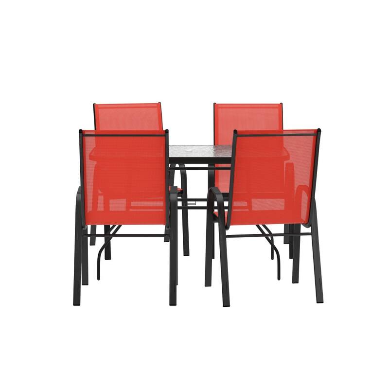 Commercial 5 Pc Outdoor Patio Dining Set with Glass Table and 4 Chairs