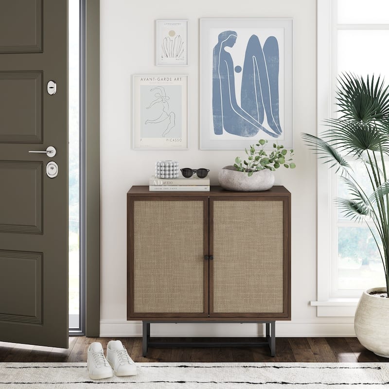 Nathan James Kova Natural Cane Rattan Doors Accent Cabinet with Metal Base and Adjustable Shelf