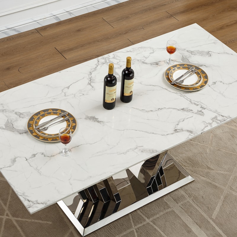 70'' Rectangle Faux Marble Dining Table with Mirrored Finish Stainless Steel Base - Silver+White