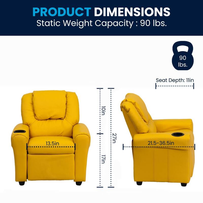 Contemporary Kids Recliner with Cup Holder and Headrest - 24"W x 21.5" - 36.5"D x 27"H