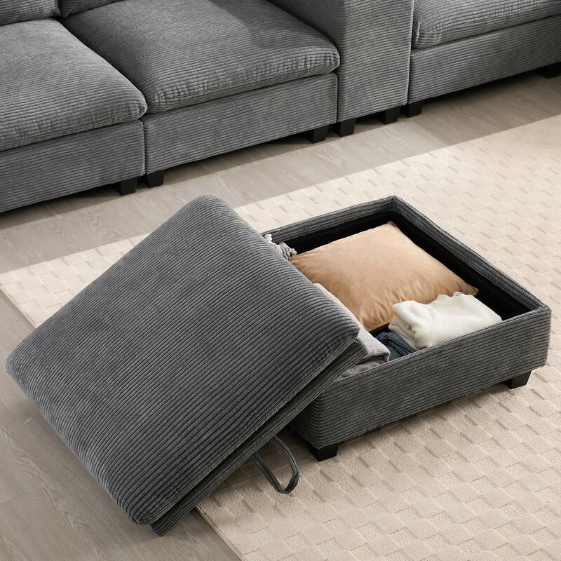 140" Corduroy U-Shaped Modular Sectional Sofa with Storage Ottoman & Console,and USB Charger, Cup Holders & 30" Wide Seats