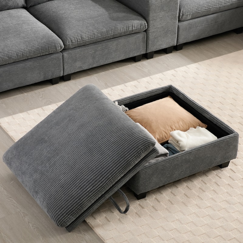 U-Shaped Chenille Upholstered Storage Sofa w/ Ottoman, Cup Holder, USB
