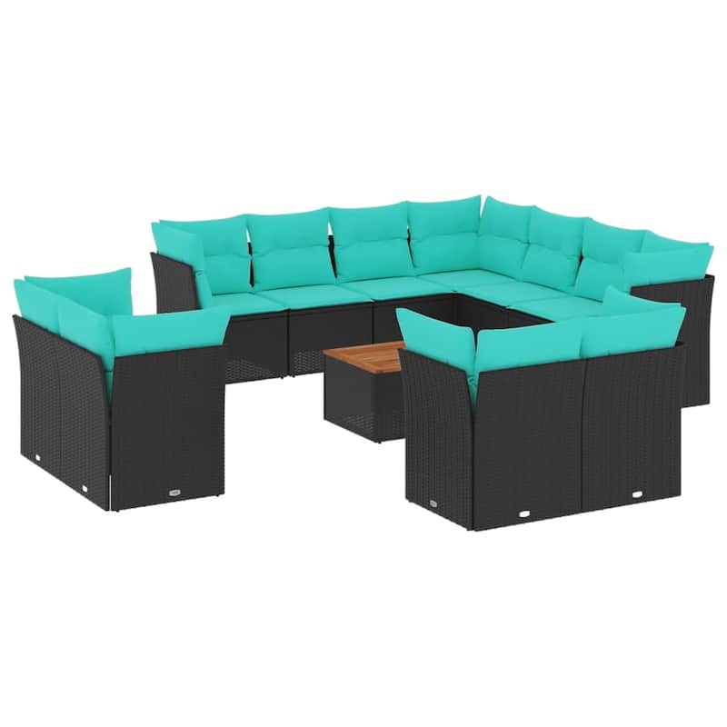 vidaXL 12 Piece Patio Sofa Set with Cushions Black Poly Rattan - 24.4 x 24.4 x 27.2