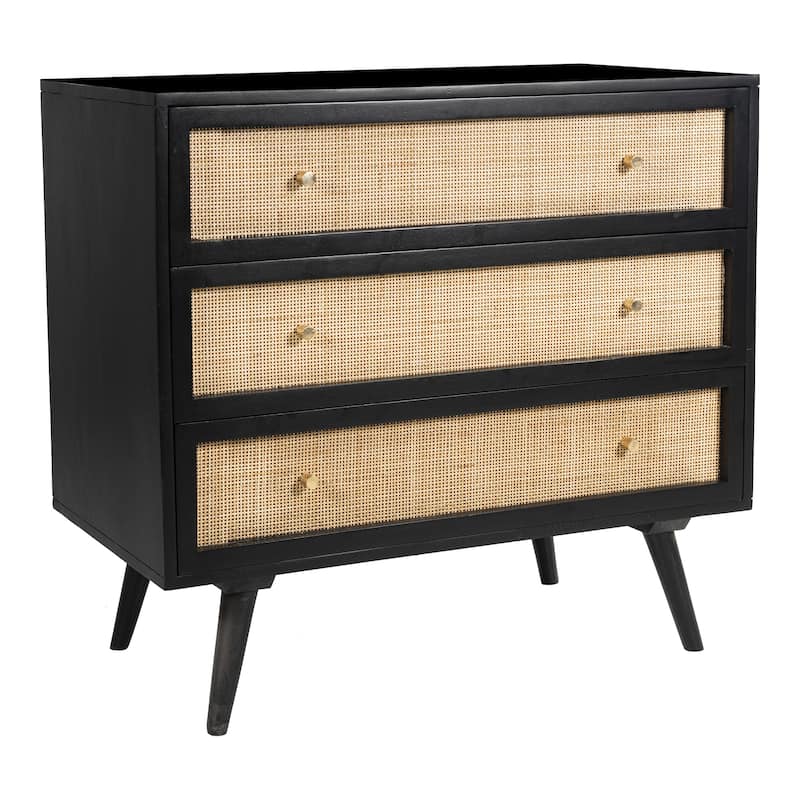 Glenda Solid Wood Three-Drawer Chest with Natural Cane - Black