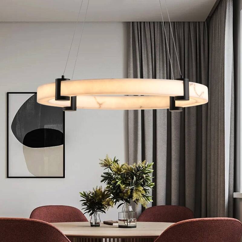 Modern LED Pendant Light, 23.6-Inch Round Hanging Chandelier with Adjustable Height, Imitation Marble Finish Resin Ring