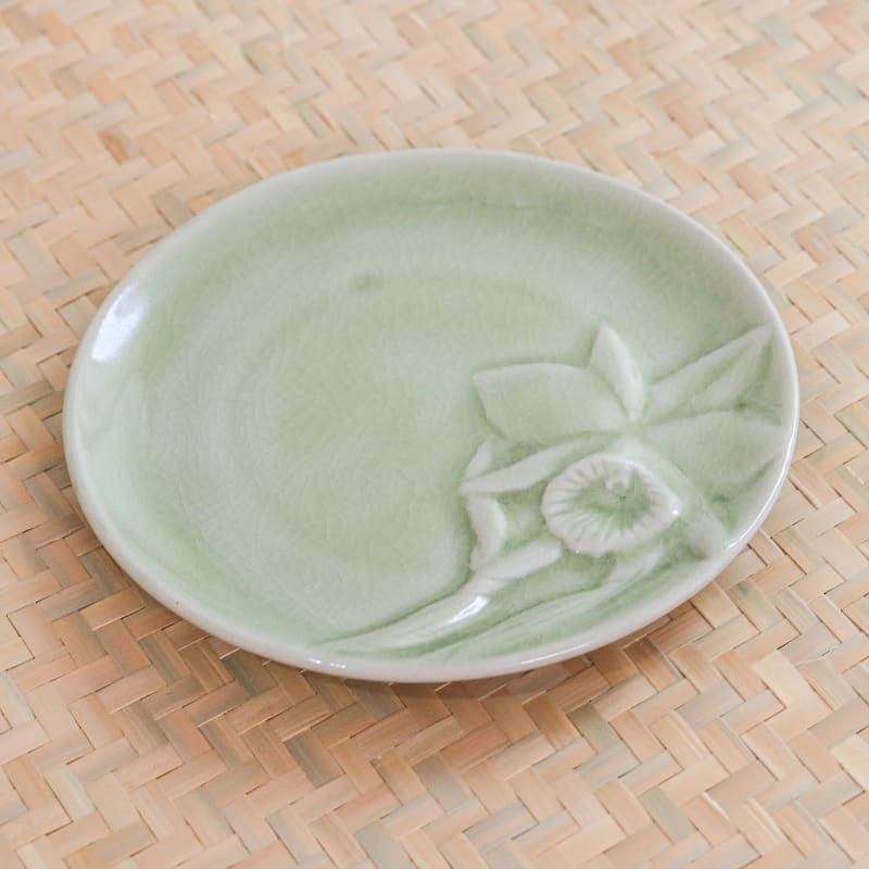 Novica Handmade Lanna Orchid Celadon Ceramic Dessert Plate