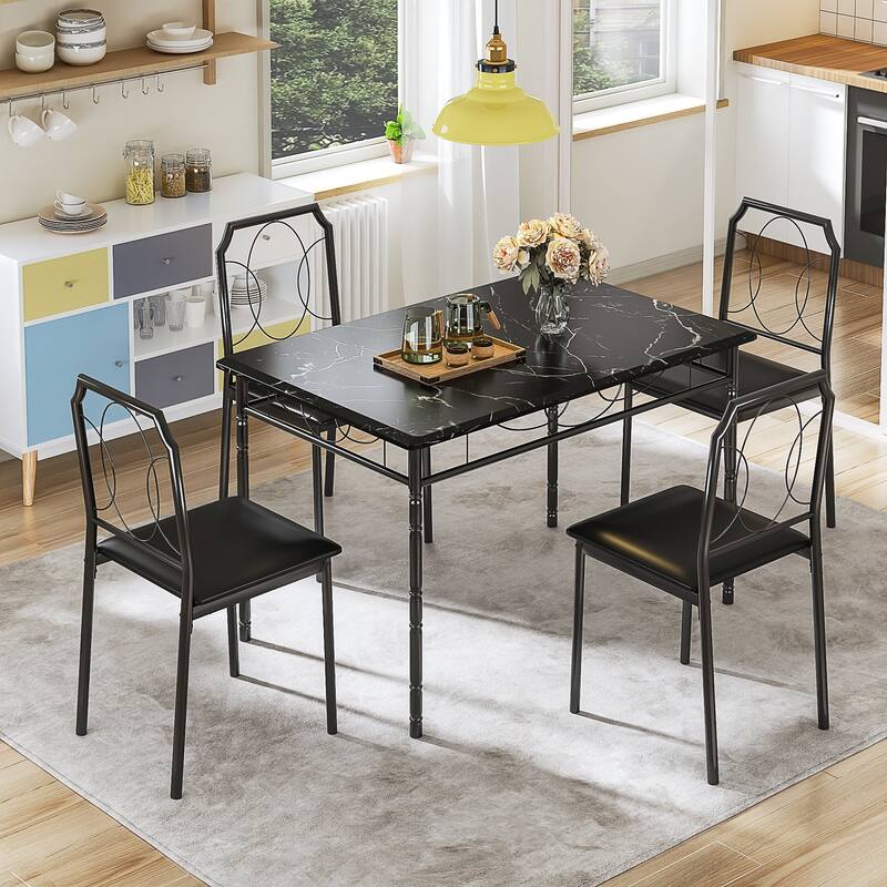 VECELO 5-Piece Black Dining Set Marble Pattern MDF Table with 4 PU Leather Chairs Roman Column Legs for Home Living Room - Black