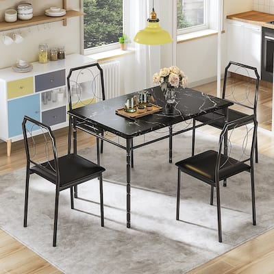 VECELO 5-Piece Black Dining Set Marble Pattern MDF Table with 4 PU Leather Chairs Roman Column Legs for Home Living Room
