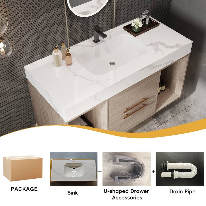 Floating Bathroom Vanity with Ceramic Sink, Rectangle Bathroom Storage Cabinet with Sintered Stone Countertop