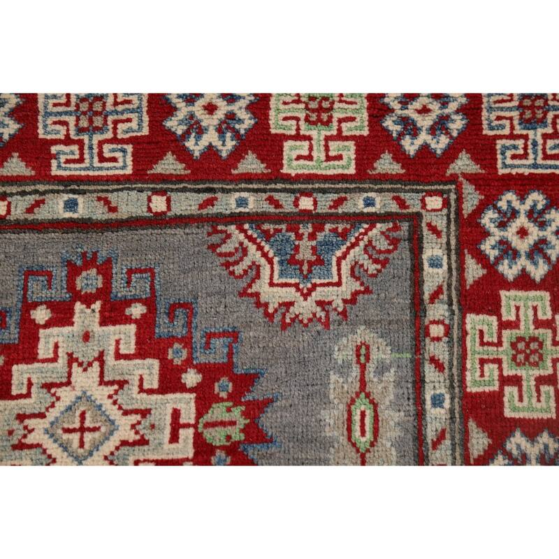 Gray Geometric Kazak Runner Rug Handmade Wool Carpet - 2'9" x 9'7"