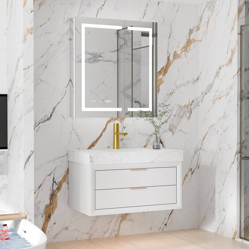 36/48/60 Modern Floating Bathroom Vanity with Sinle/Double Sink & Soft-Close Drawers & LED Lighting & Waterproof, White